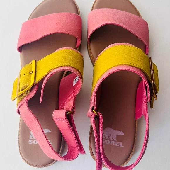 New Sorel Pink and Yellow Suede Sandals - Picture 3 of 5